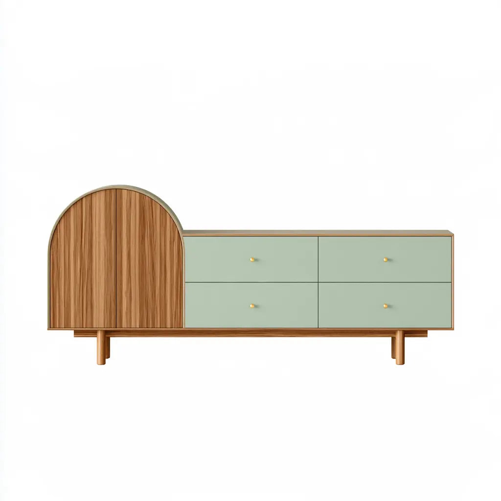 Buffet vert pâle et marron à porte arquée et quatre tiroirs