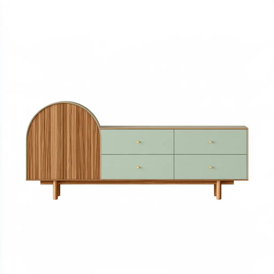 Buffet vert pâle et marron à porte arquée et quatre tiroirs