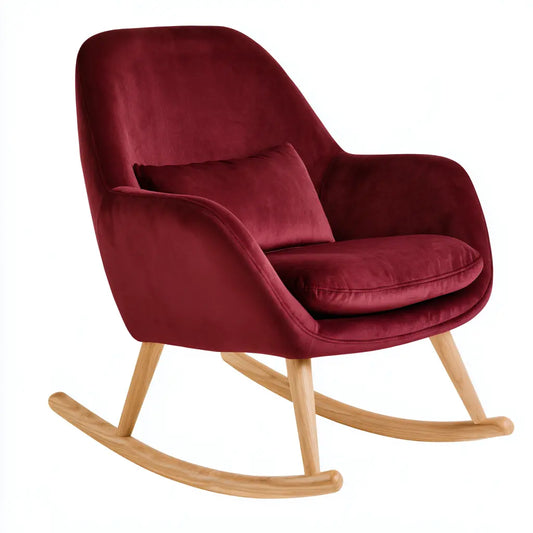 Fauteuil à bascule bordeaux à dossier arrondi et coussin assorti