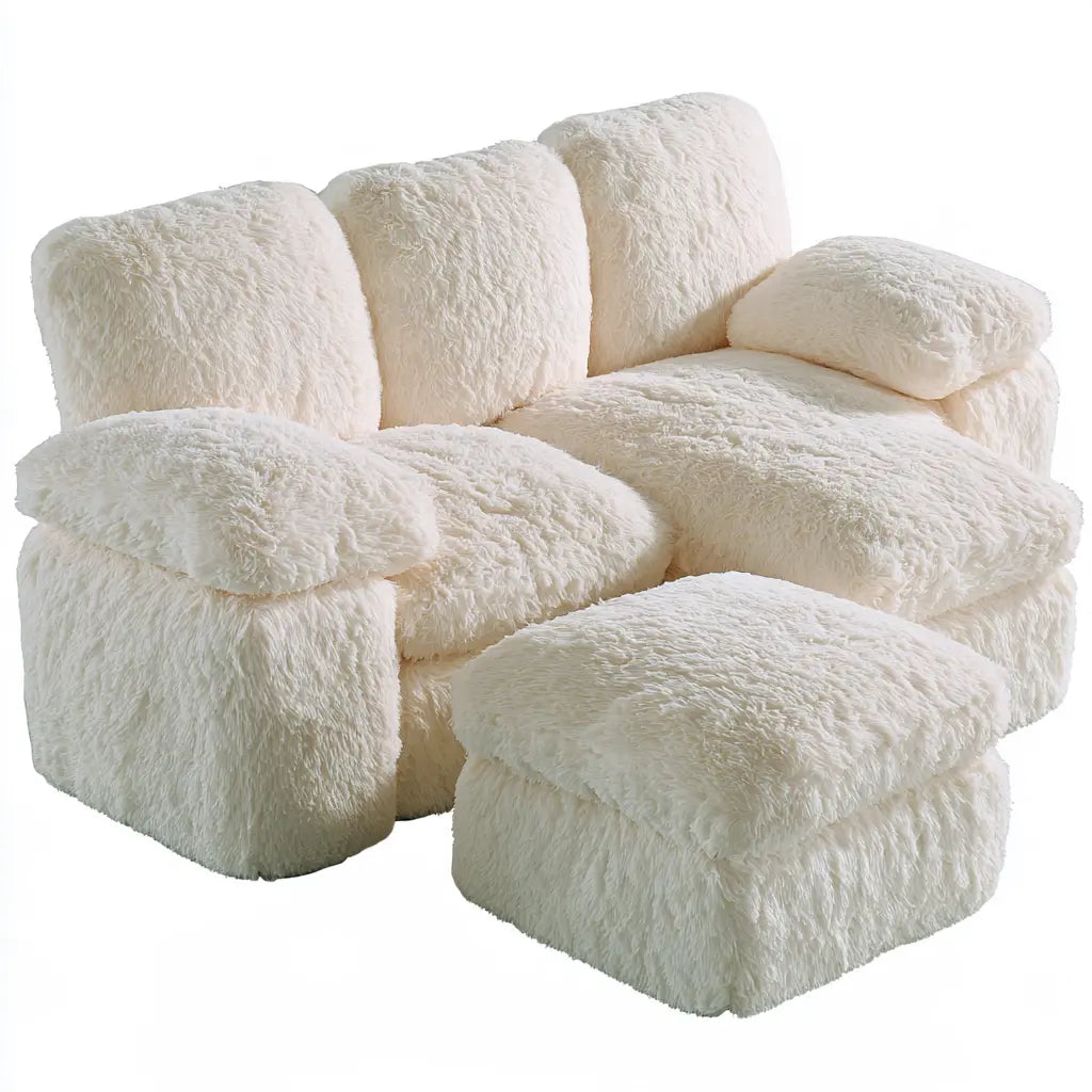 Canapé crème texturé avec pouf carré assorti