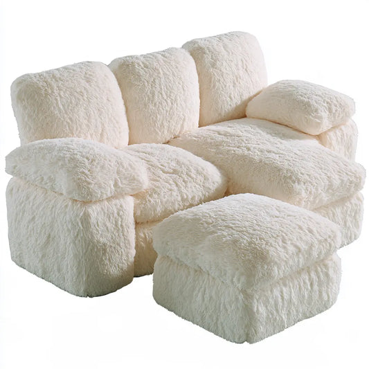 Canapé crème texturé avec pouf carré assorti