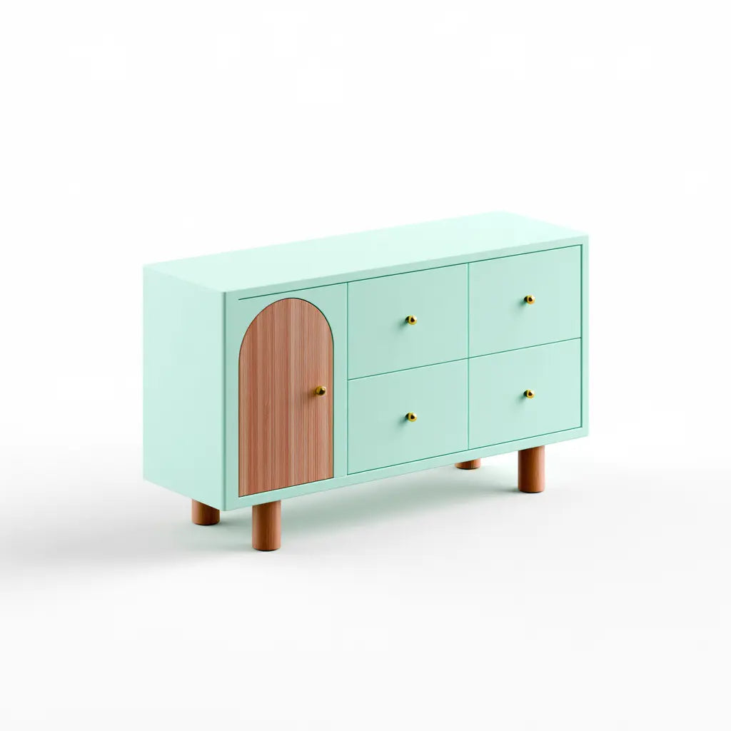Buffet vert menthe à porte marron arquée et quatre tiroirs