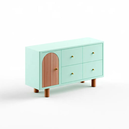 Buffet vert menthe à porte marron arquée et quatre tiroirs