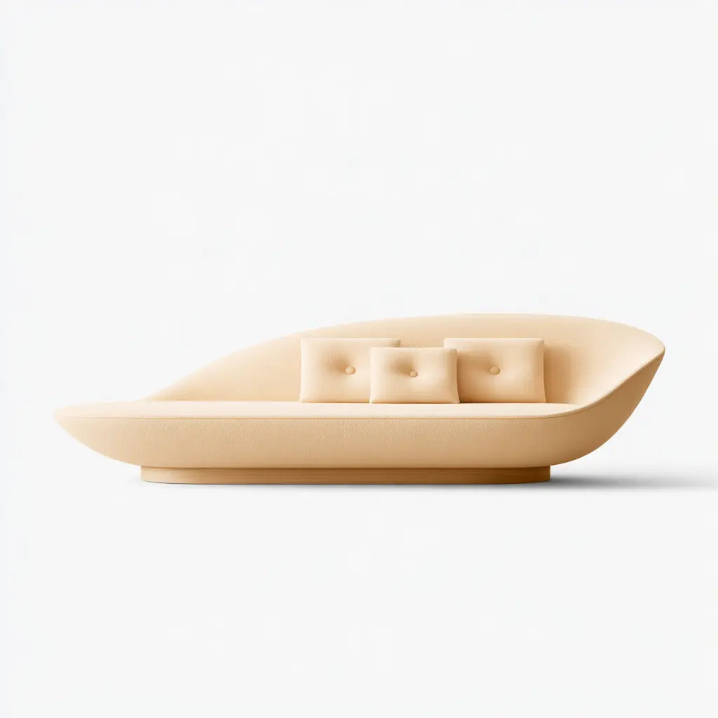Canapé beige clair à silhouette allongée et dossier enveloppant