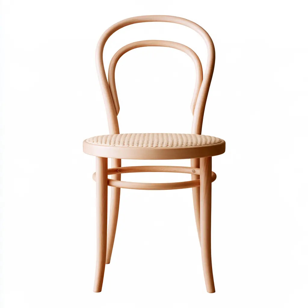 Chaise beige rosé à dossier courbé et assise tressée