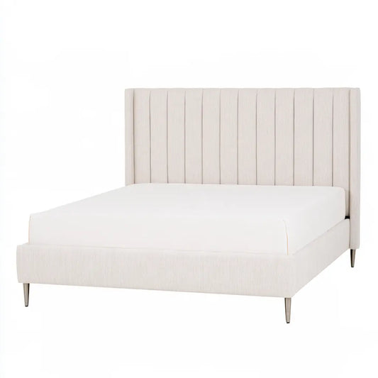 Cadre de lit beige clair à tête rainurée et pieds fins