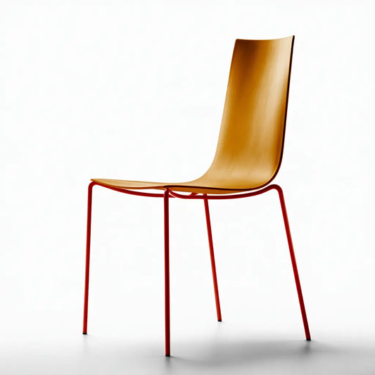 Chaise jaune ocre à dossier incurvé et pieds rouges