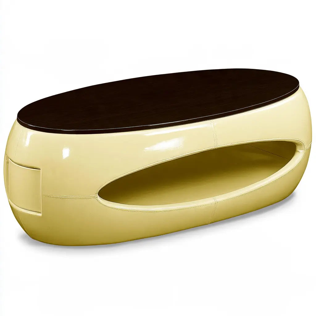 Table basse ovale jaune à plateau marron foncé et niche latérale