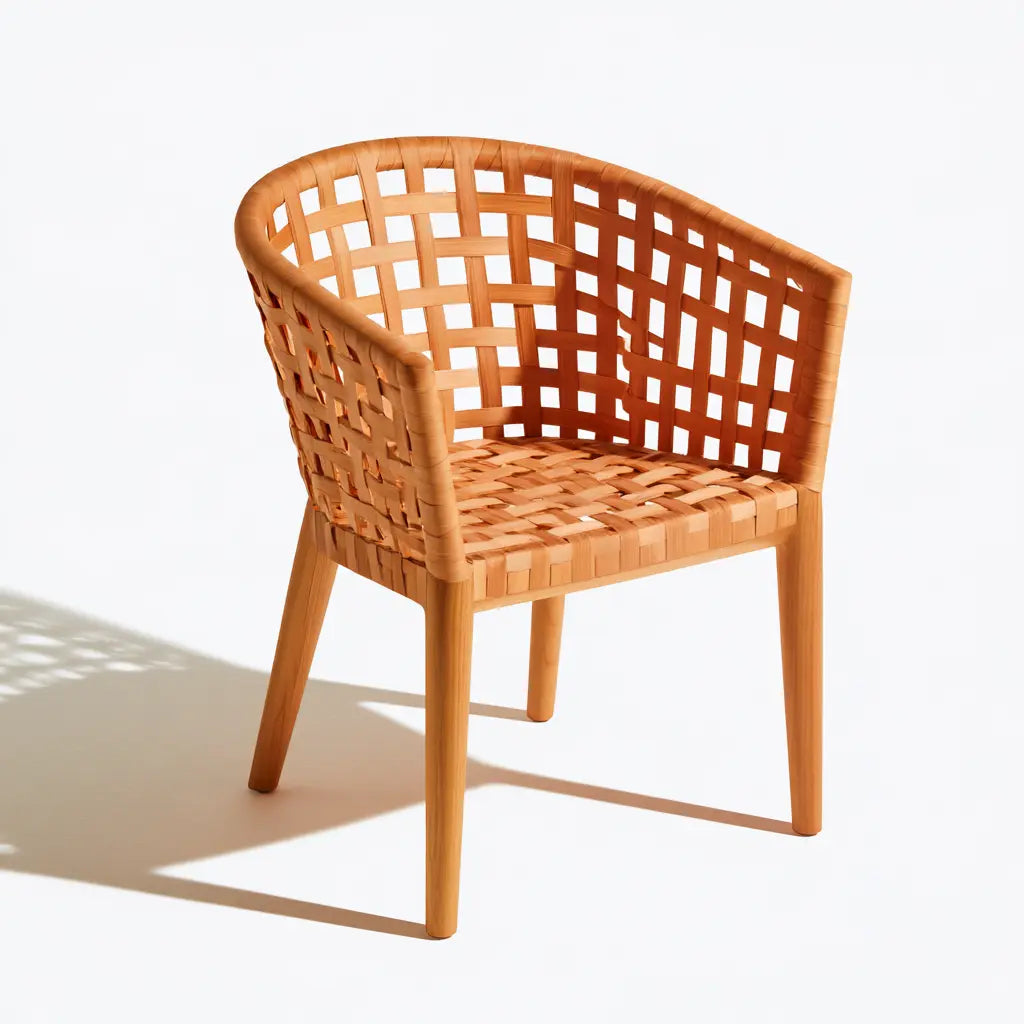 Chaise orange clair à dossier en quadrillage et assise tressée