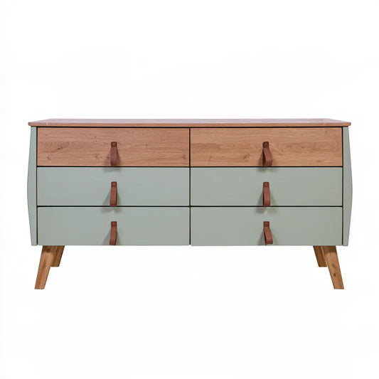 Commode vert grisé et marron à six tiroirs avec poignées pendantes