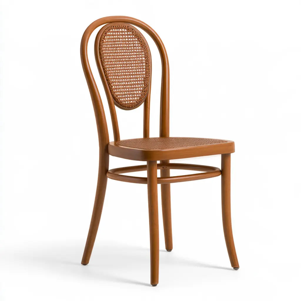 Chaise marron clair à dossier ovale tressé et assise plate